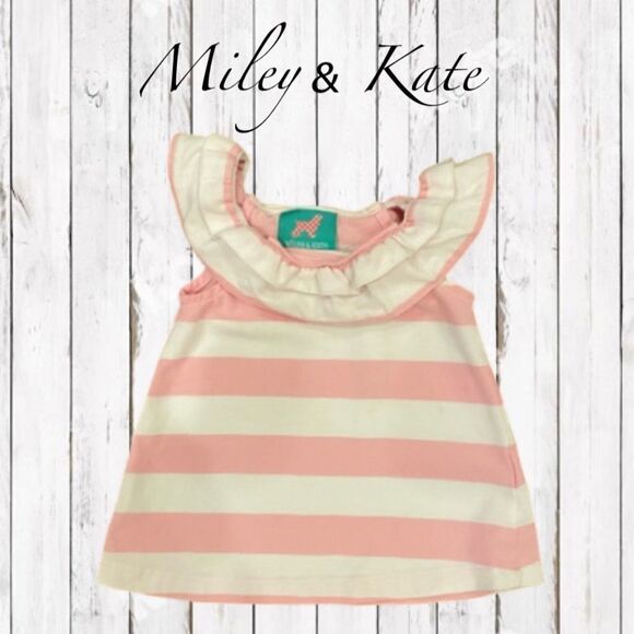 Miley & Kate Tank Top Pink White Striped Ruffle Neck Shirt Infant Size 12M - Picture 1 of 11